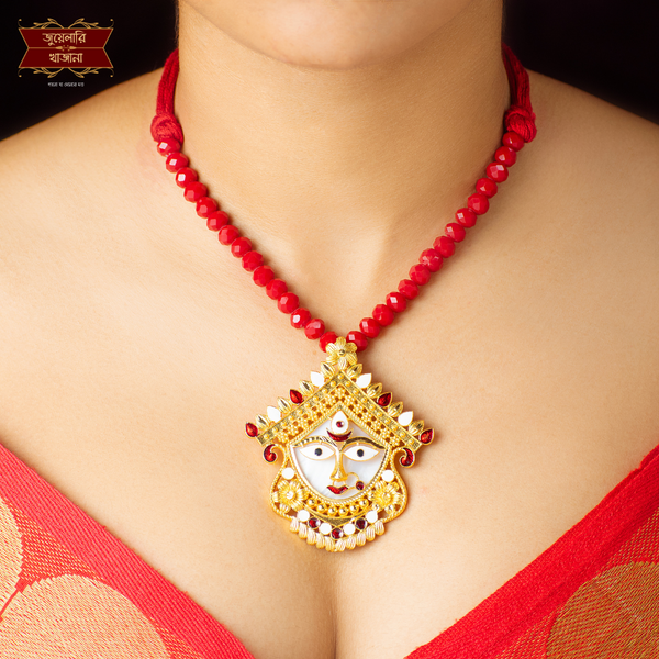 Divine Gold Plated Maa Durga Shell Pendant with Earrings