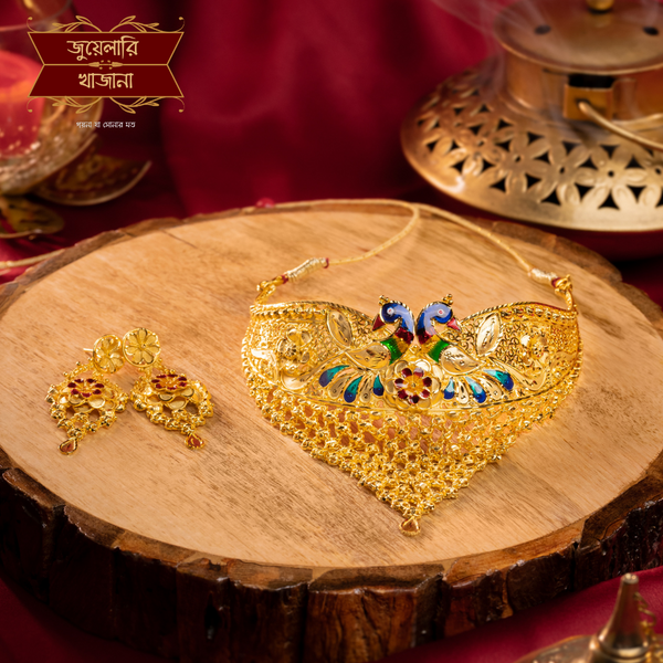 Premium Gold Plated Peacock Cuff Choker with Earrings
