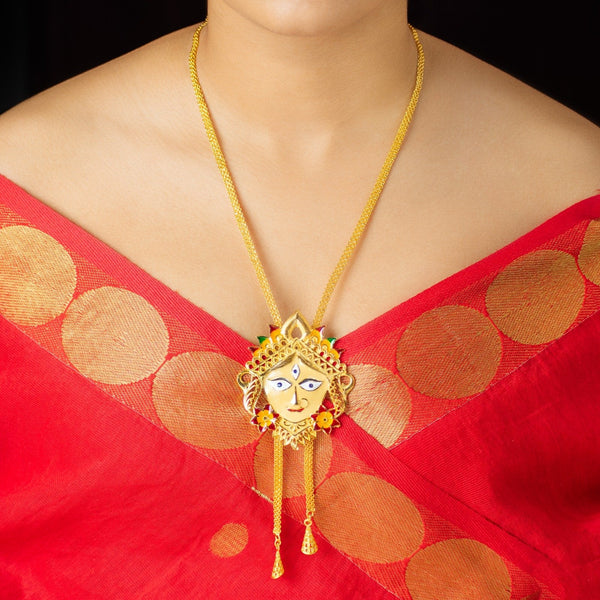 Stylish Gold Plated Durga Tie Chain with Earrings