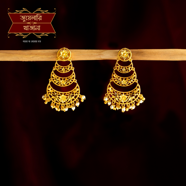 Stylish Gold Plated Three Layer Earrings with Semi Cultured Pearl
