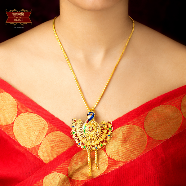 Stylish Gold Plated Minakari Peacock Tie Chain with Earrings